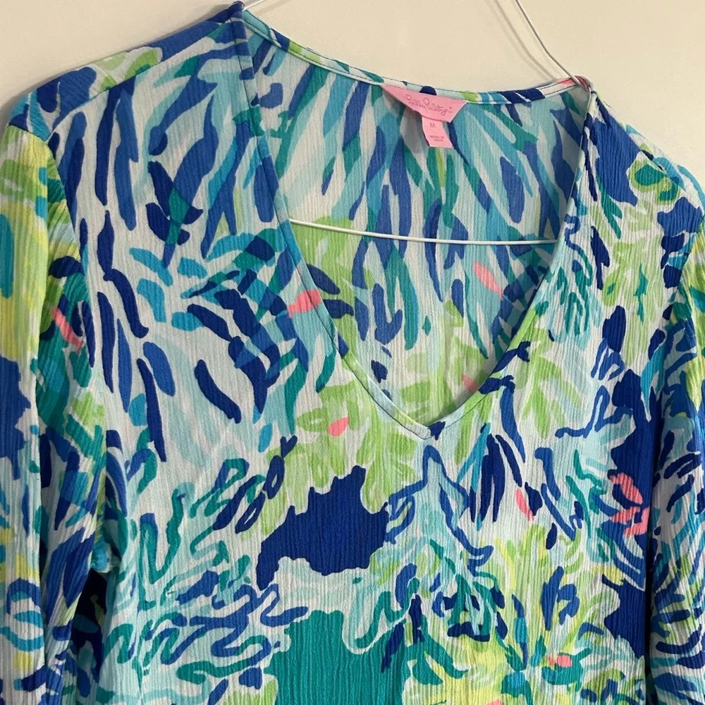 Lilly Pulitzer Sz M Lantana Tunic Top Wade & Sea Crinkle Gauze V-Neck Coverup - Picture 5 of 10